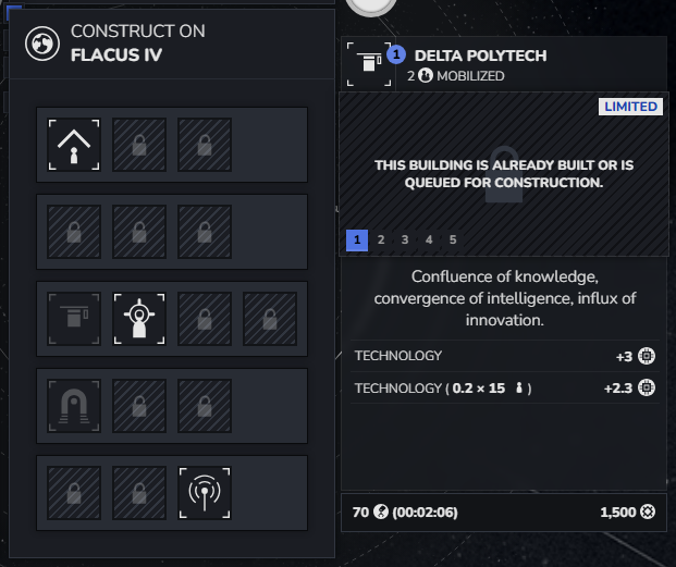 The build menu of a free tile, with the card of a Limited building that is greyed out because the planet already has one