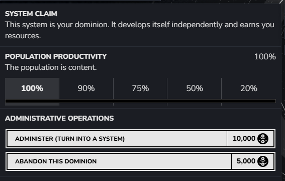 The state tab of a dominion: who claims it, population productivity, and the administer and abandon operations