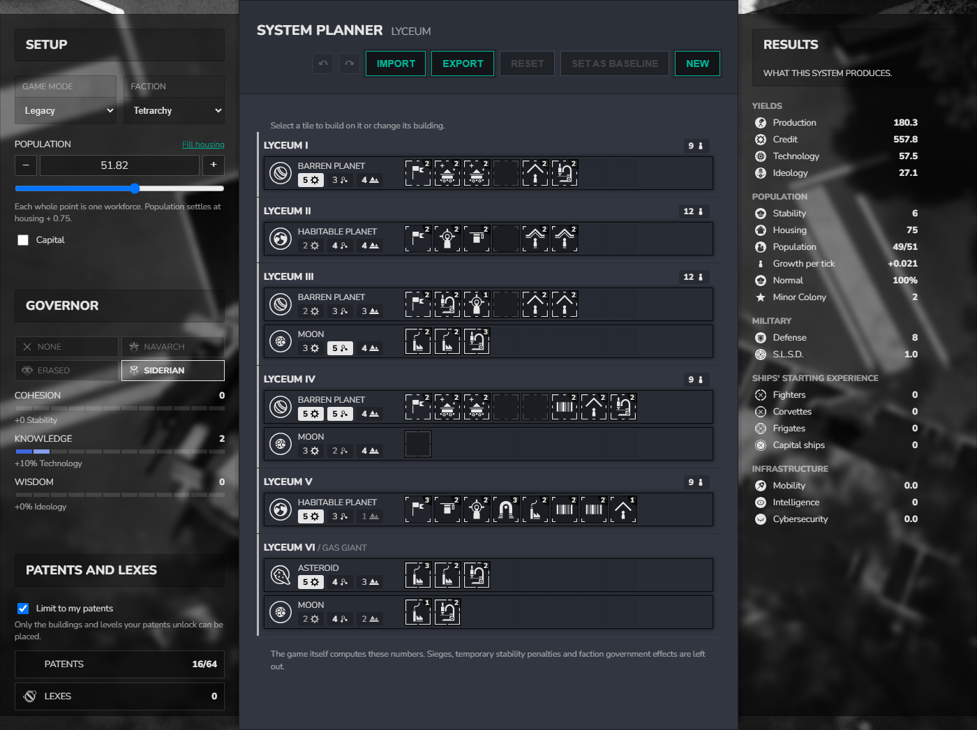 The example system Lyceum in the system planner, a few days after it was colonized: a little of everything on every body