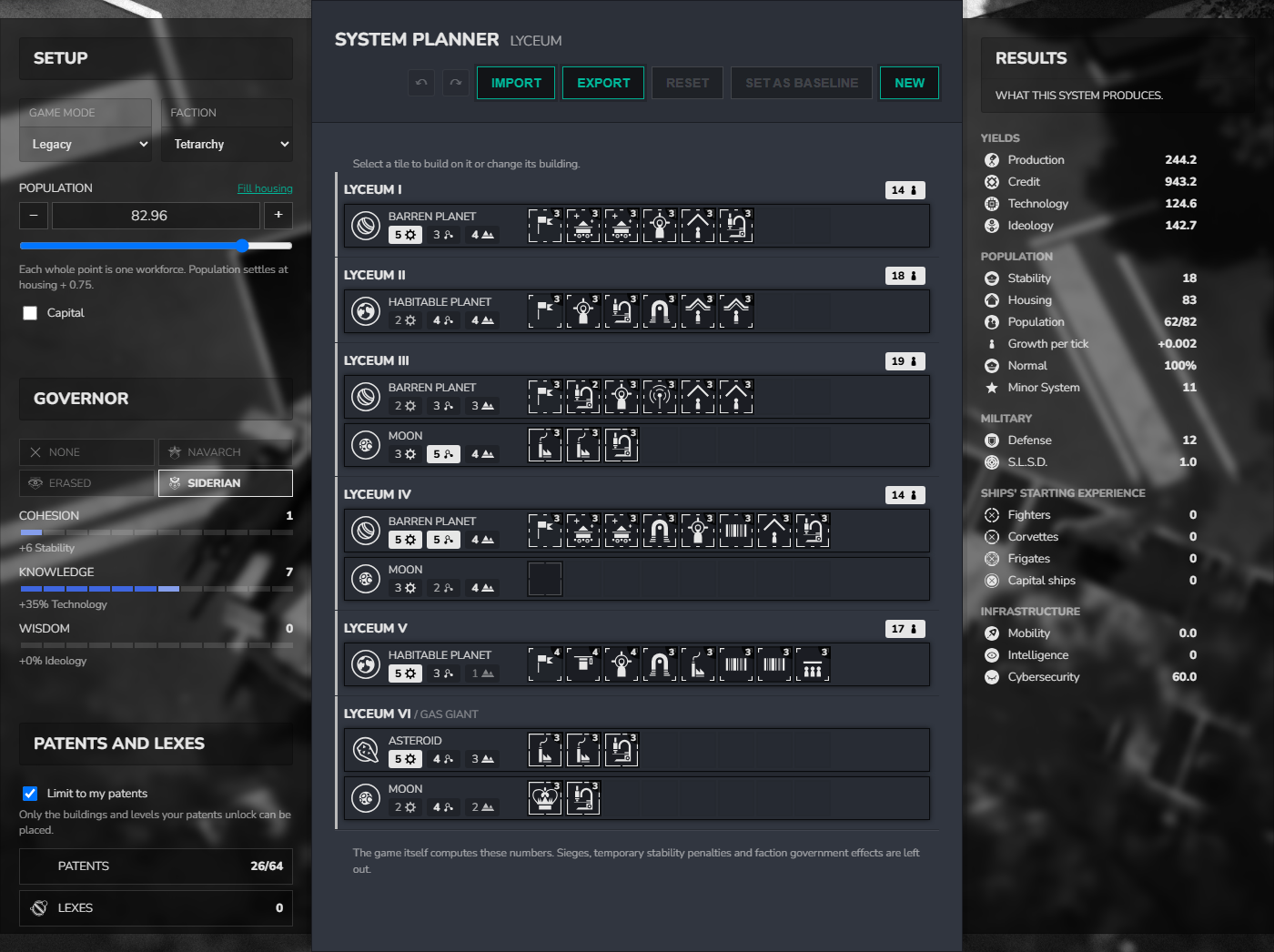 The example system Lyceum in the system planner in mid game: research and ideology buildings added, most buildings raised a level