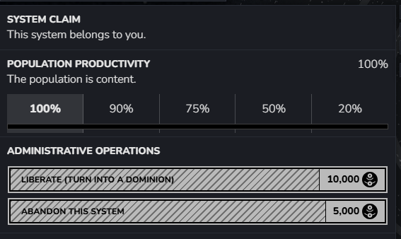 The state tab of a system: who claims it, population productivity, and the liberate and abandon operations