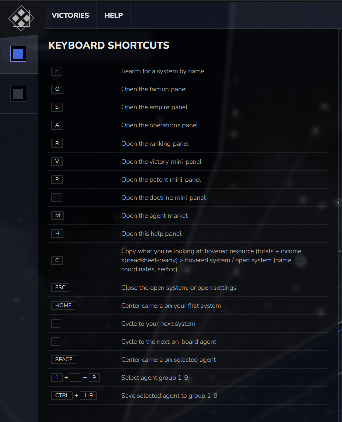 In-game help panel listing keyboard shortcuts and hotkeys